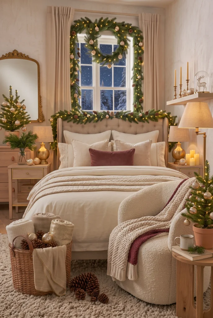 Cozy Christmas bedroom reading corner with armchair, knitted throw, and small tree