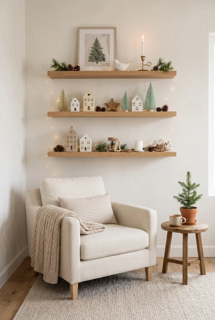 Floating shelves decorated with miniature Christmas trees and seasonal accents