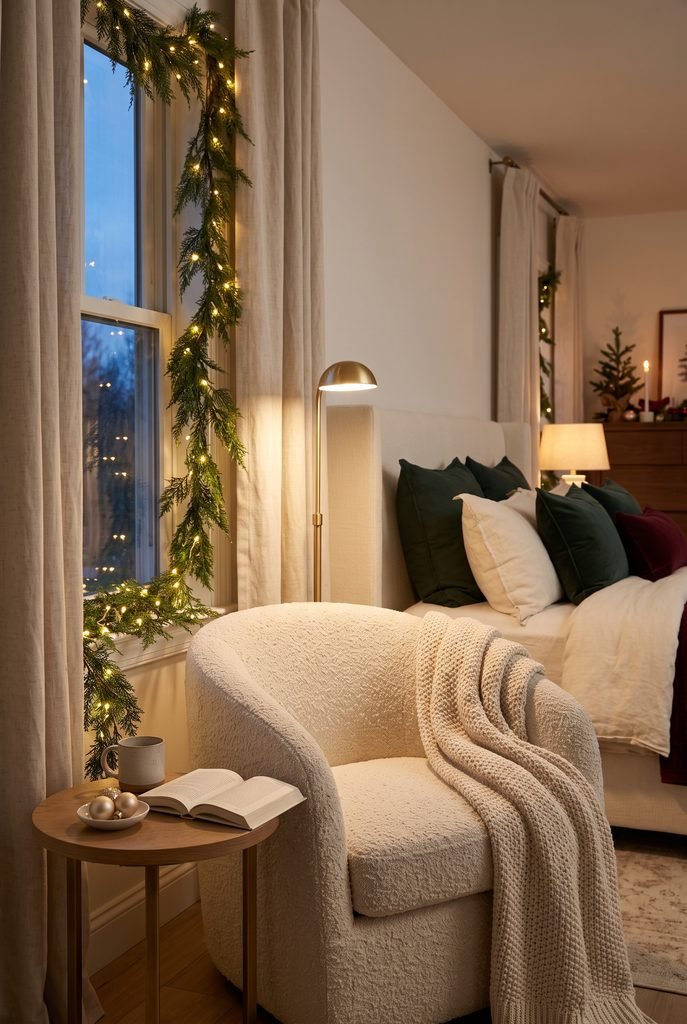Cozy Christmas lighting around a bedroom reading chair