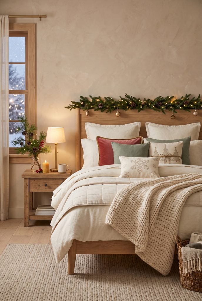 Layered Christmas bedroom bedding with festive pillows, sage accents, burgundy cushion, and knitted throw