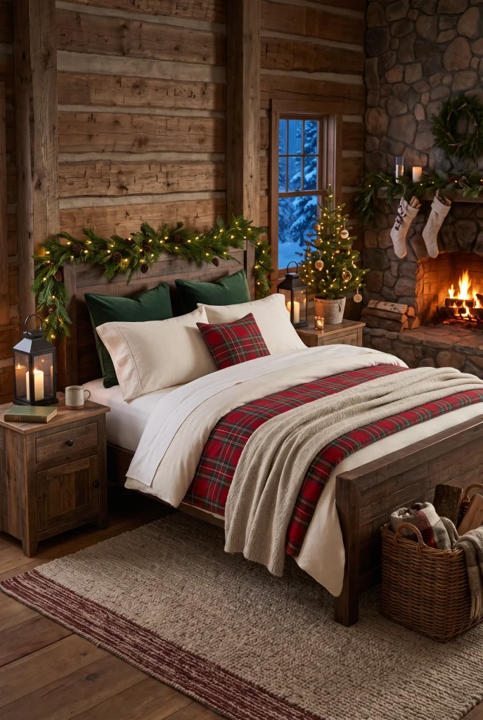 Elegant pink Christmas bedroom with blush bedding, rose accents, and seasonal greenery