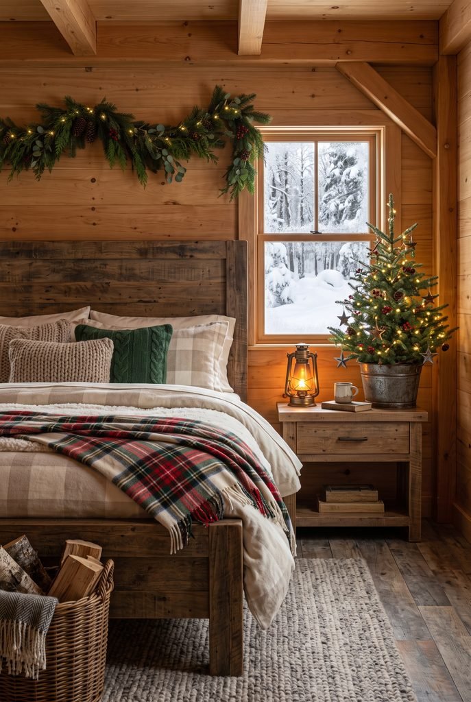 Cozy cabin Christmas bedroom with wood walls, plaid bedding, and greenery