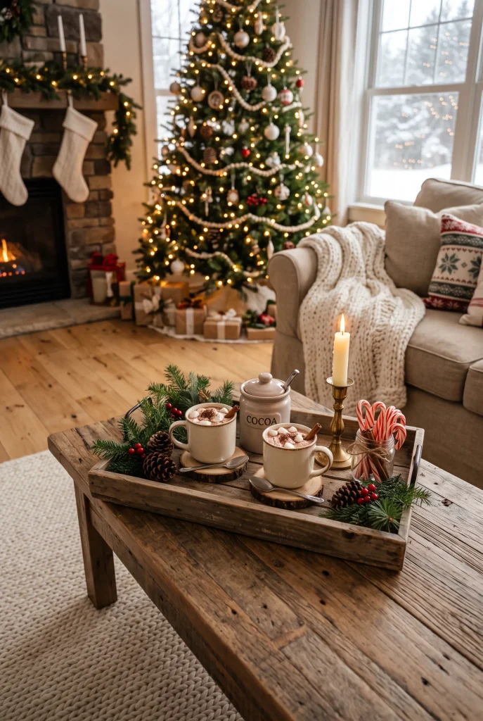 Cozy Christmas coffee table styled with mugs and hot cocoa accessories