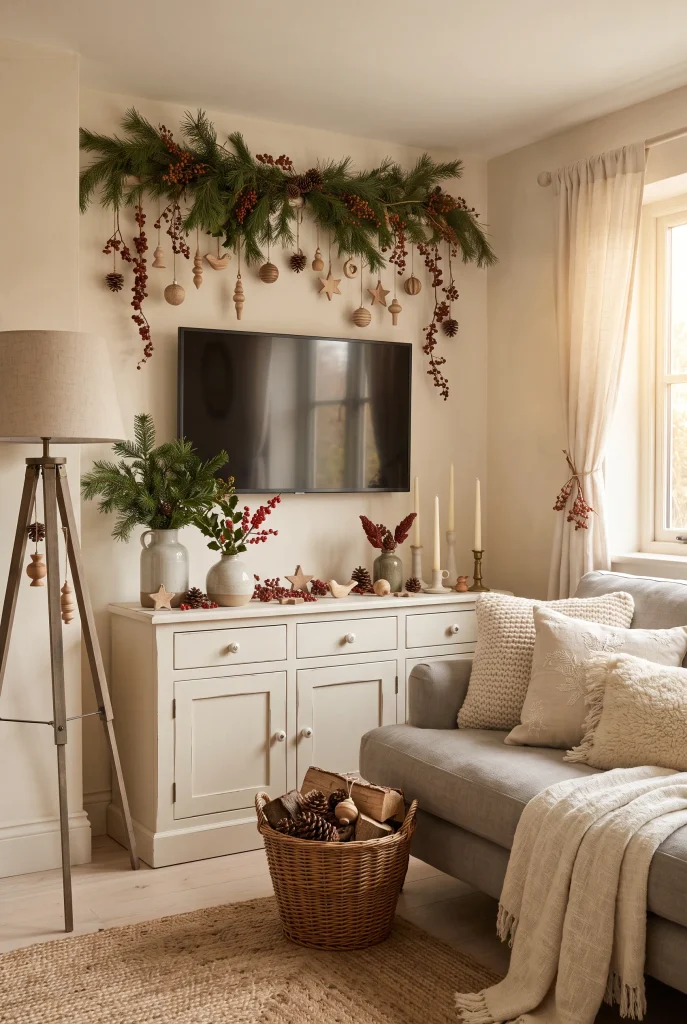 Cottage-style Christmas TV wall with natural greenery, ceramics, pinecones, and woven textures