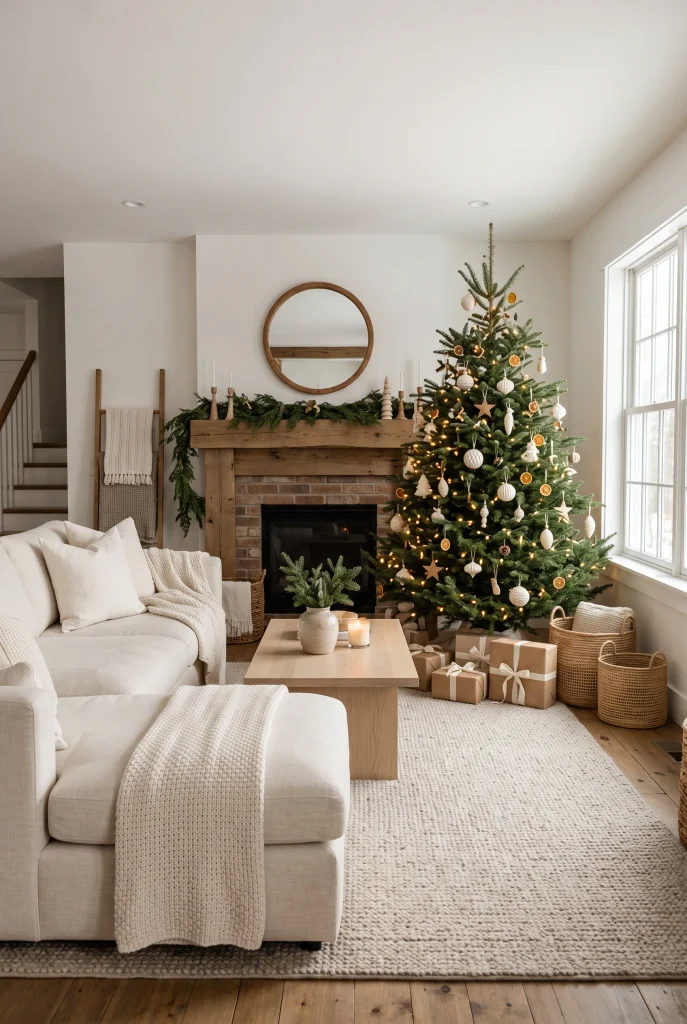 Cream and wood farmhouse Christmas living room with neutral holiday decorations