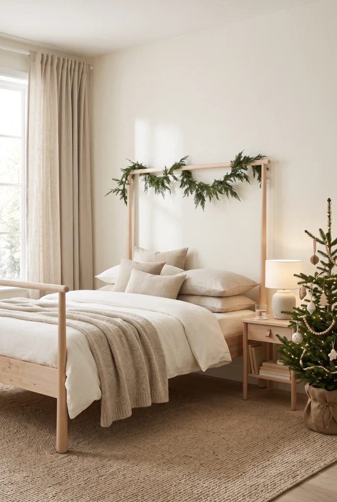 Scandinavian-inspired neutral Christmas bedroom with natural wood decor