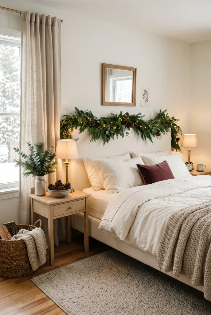 Natural Christmas bedroom decorated with pinecones, evergreen branches, and woven accents