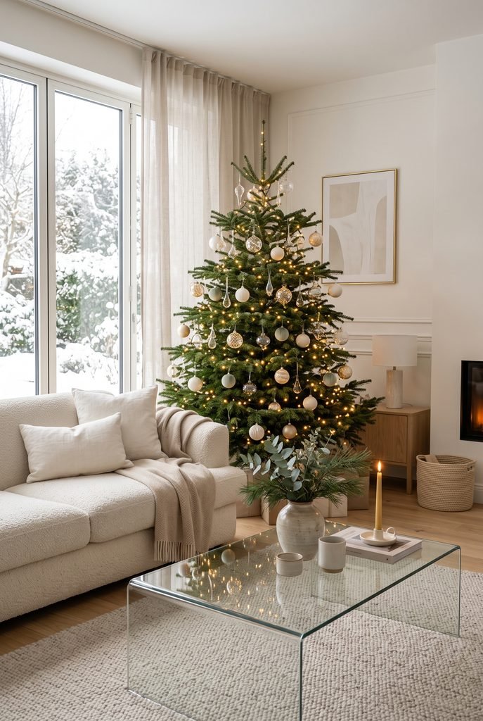 Elegant modern Christmas tree decorated with glass, ivory, and champagne ornaments