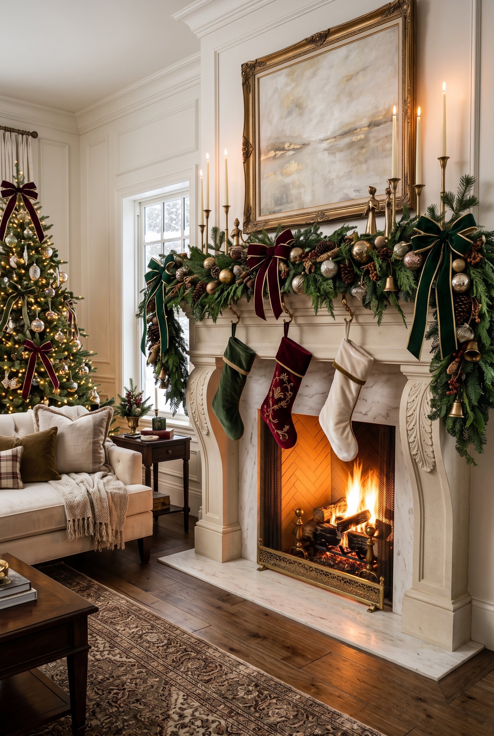 Luxury Christmas mantel with velvet ribbon, evergreen garland, burgundy stockings, and brass accents