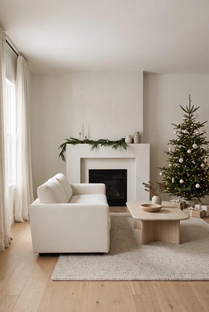Minimalist luxury Christmas living room with simple evergreen tree and neutral decor
