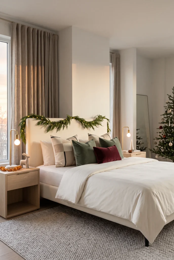 Modern Christmas bed with ivory bedding, green pillows, and simple greenery