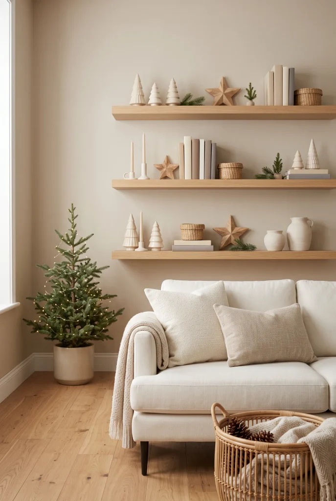 Floating shelves decorated with small neutral Christmas trees, wood accents, and greenery