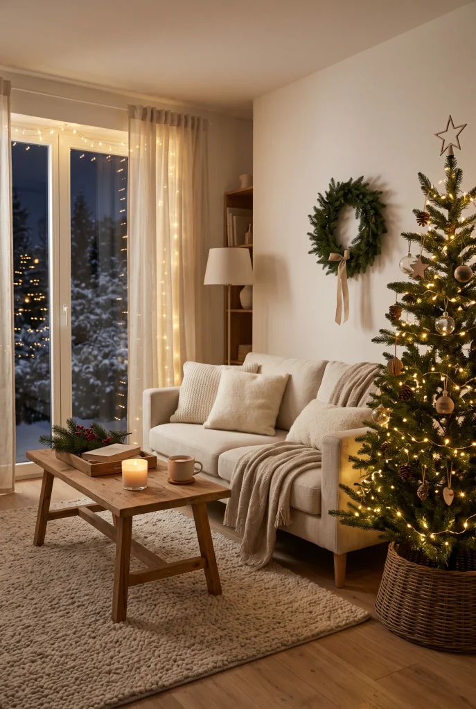 Small living room illuminated by warm white Christmas string lights