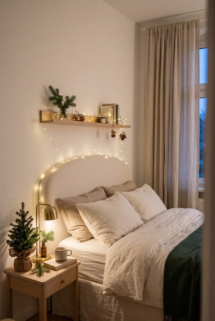 Small bedroom decorated with battery-powered Christmas fairy lights