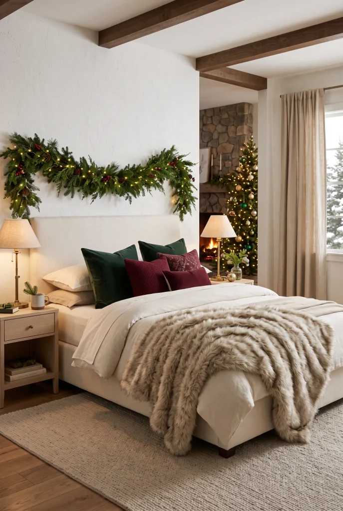 Cozy Christmas bed with a soft faux fur throw and velvet pillows