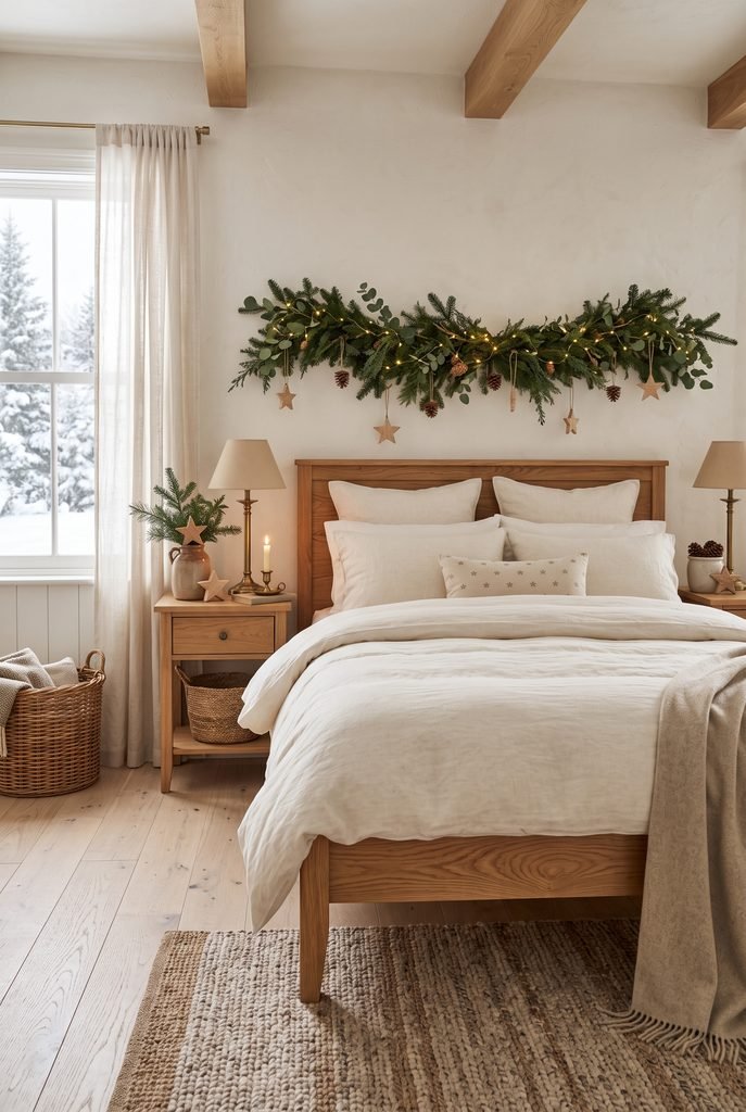 Warm Christmas bedroom with natural oak furniture, evergreen branches, wooden ornaments, and cream bedding