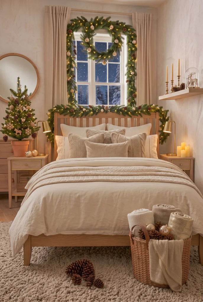 Christmas bedroom with natural wood furniture, greenery, woven baskets, and warm lights