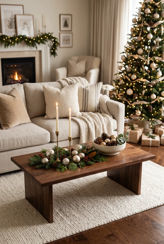 Christmas coffee table decorated with brass candleholders and greenery