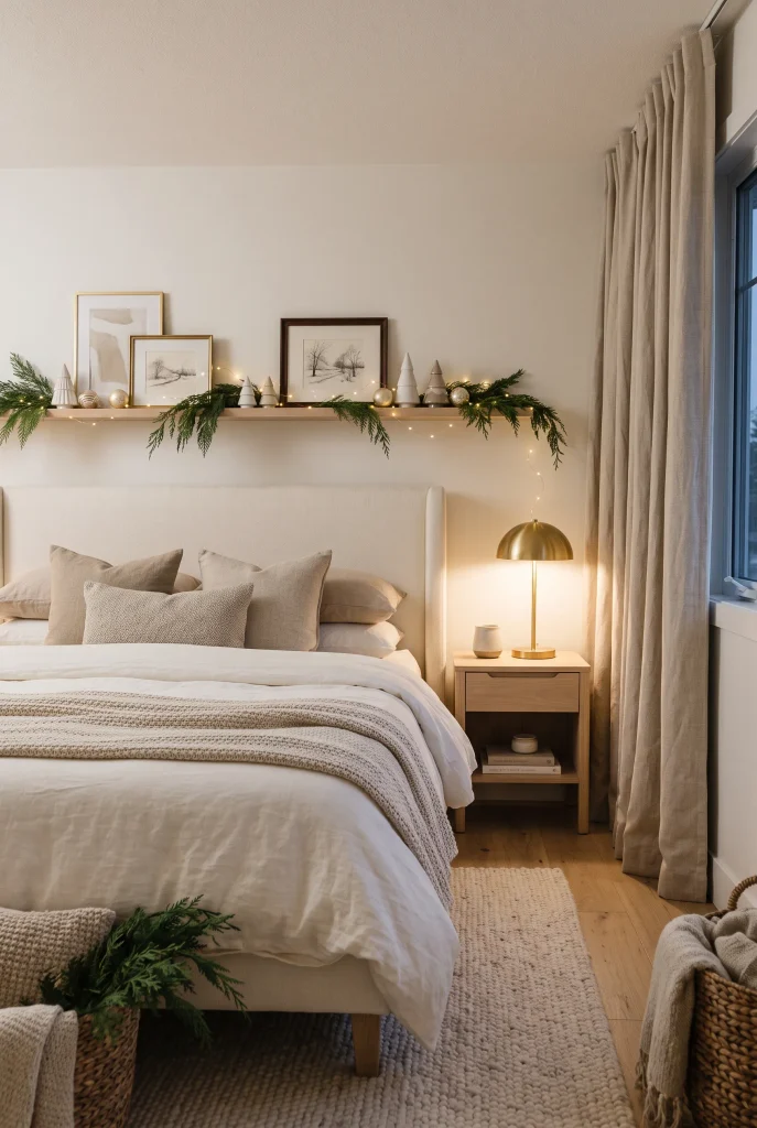 Warm Christmas fairy lights decorating a picture ledge above a bedroom bed