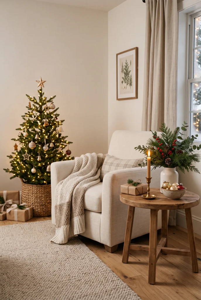 Christmas side table with evergreen arrangement beside a cozy armchair