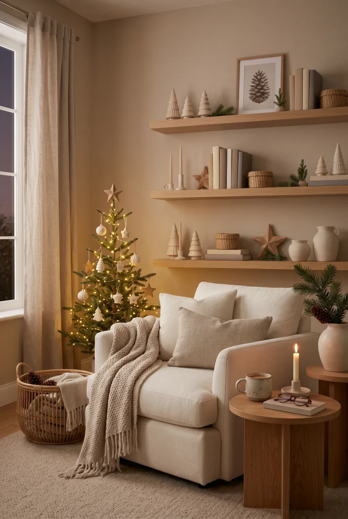 Cozy neutral Christmas reading nook with armchair, tree, blankets, and warm lighting