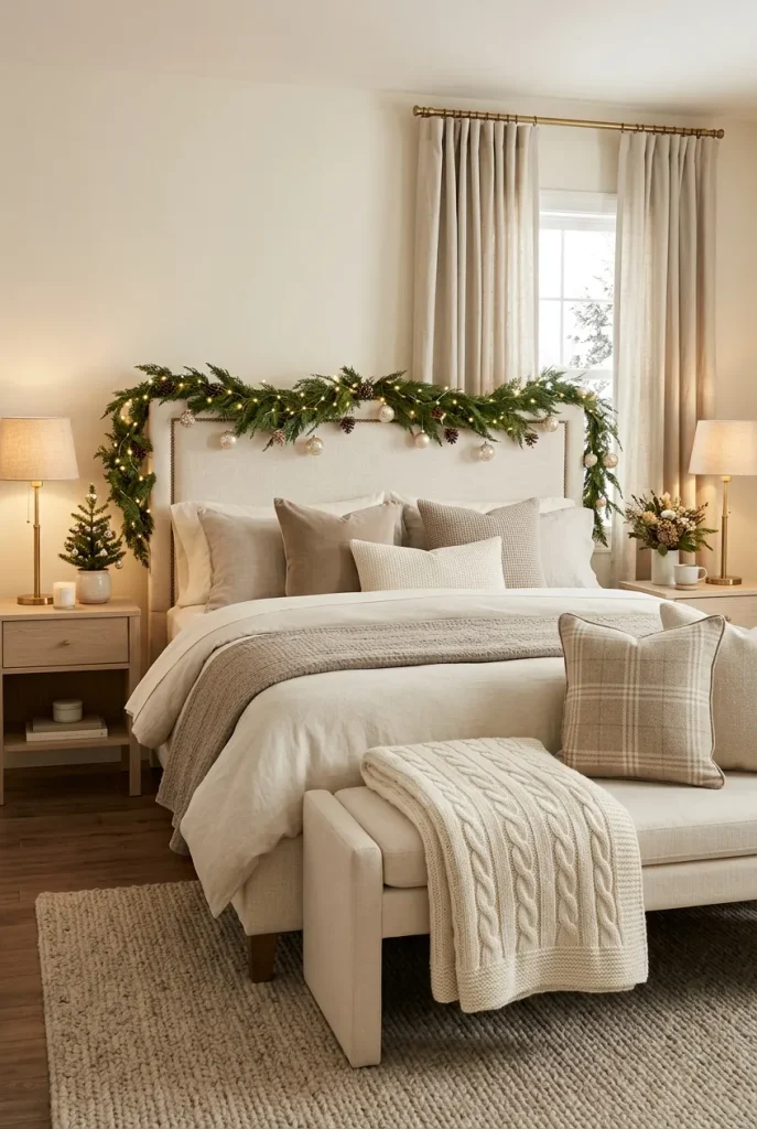 Neutral bedroom bench styled with cozy holiday blankets and pillows