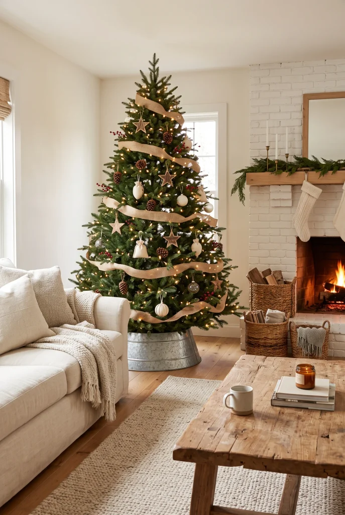 Farmhouse Christmas tree decorated with burlap ribbon and wooden ornaments