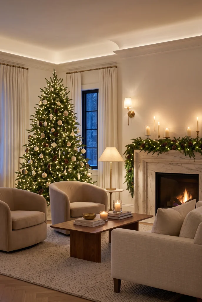 Luxury Christmas living room with layered tree lights, lamps, candles, and sconces