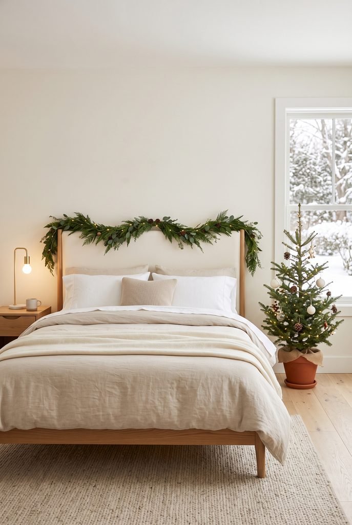 Minimalist Christmas bedroom with simple greenery and neutral holiday decor