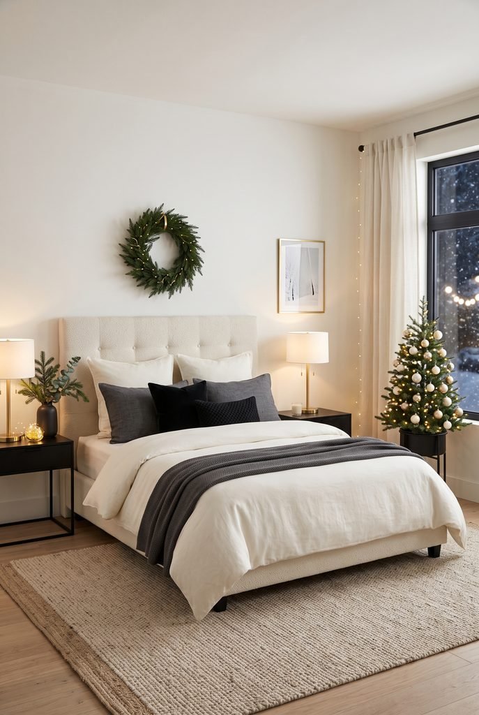 Modern Christmas bedroom with cream bedding, black accents, greenery, and a small tree