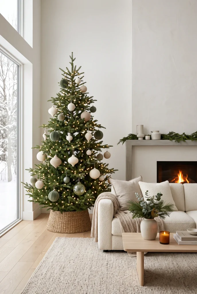 Modern Christmas tree with oversized ivory and muted green ornaments