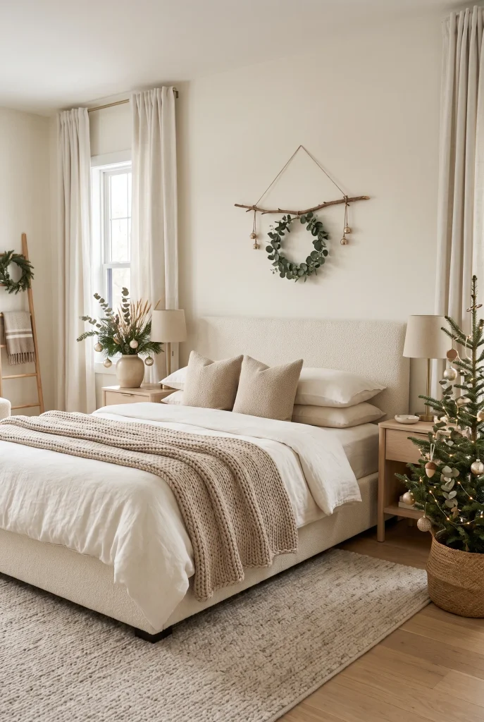Neutral Christmas bedroom with dried botanicals, evergreen stems, and champagne accents