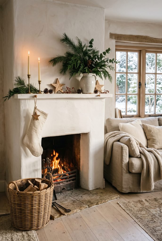 Simple natural Christmas mantel with loose evergreen branches, pinecones, candles, and wooden decor