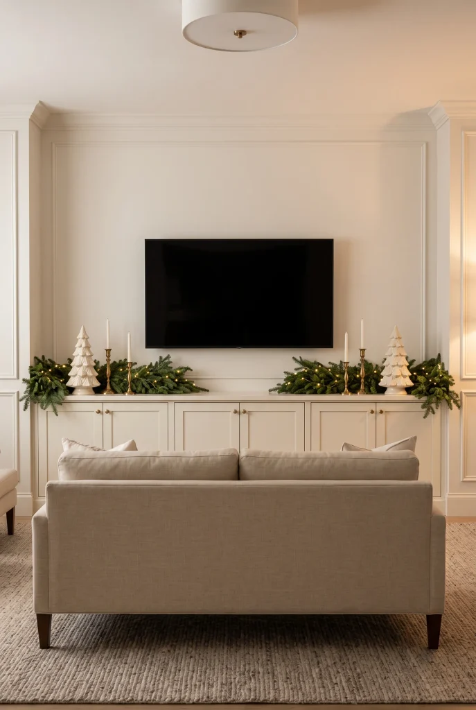 Symmetrical Christmas TV wall with matching greenery, candles, and ceramic trees