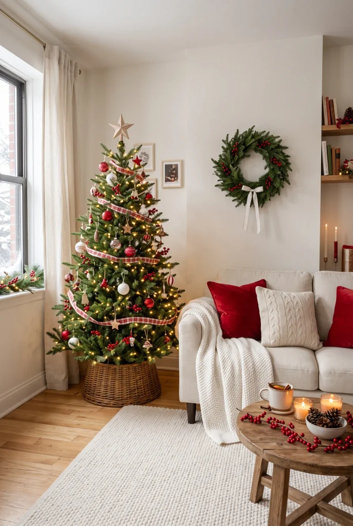 Small living room decorated in a refined red and white Christmas palette