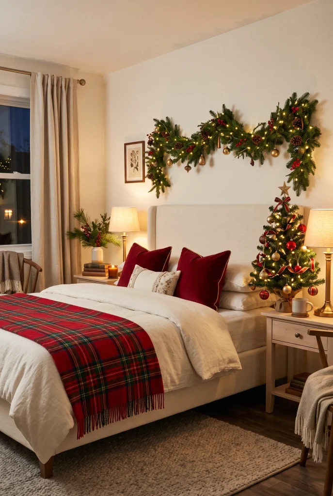 Traditional Christmas bedroom with red velvet pillows, plaid throw, and evergreen garland