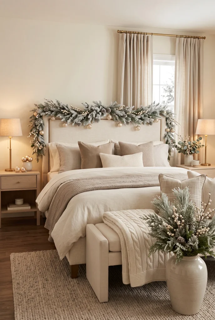 Winter-inspired neutral bedroom with frosted evergreen Christmas greenery