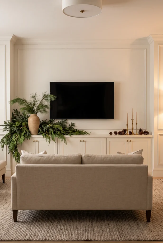 Asymmetrical Christmas TV wall with natural evergreen arrangements and warm neutral decor