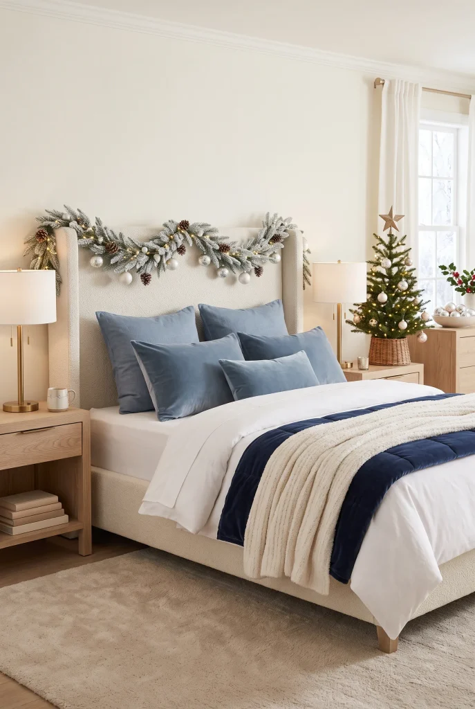 Blue and white Christmas bedroom with navy bedding, silver ornaments, and evergreen accents