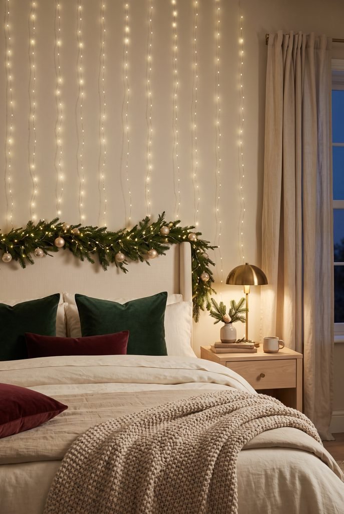 Cascading warm white Christmas lights on a bedroom wall