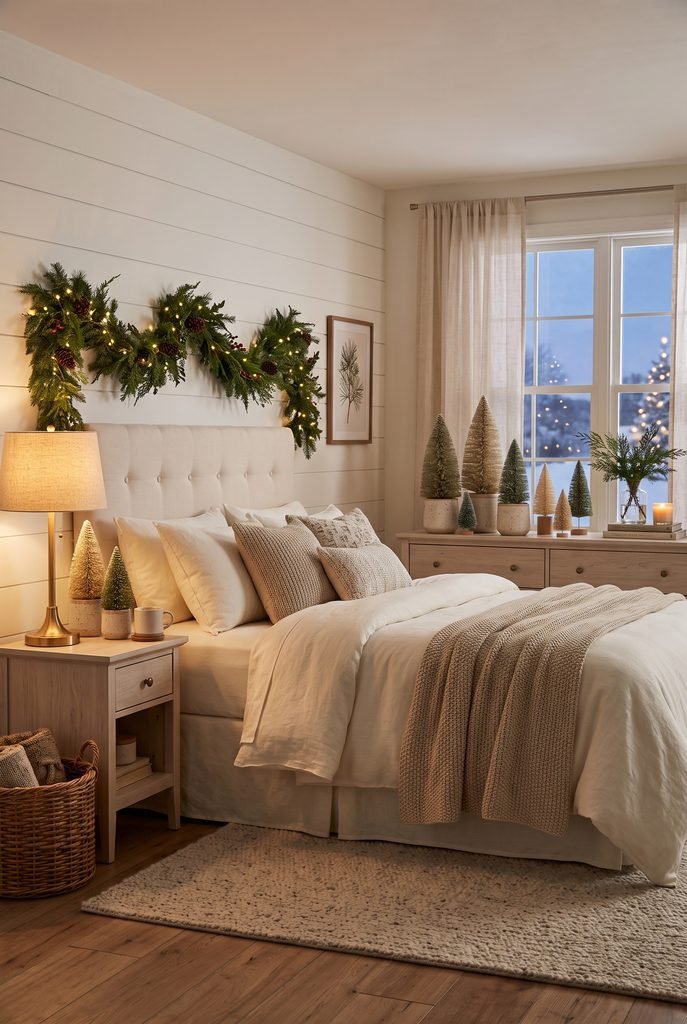 Cozy bedroom with miniature Christmas trees arranged on a dresser and nightstand