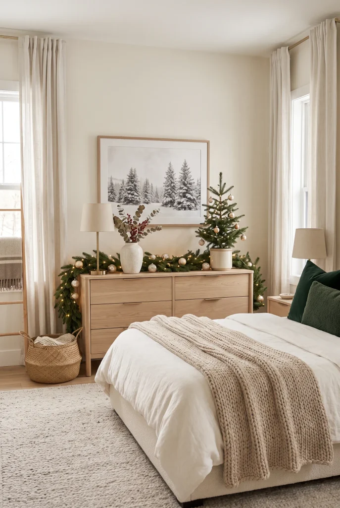 Christmas bedroom with a decorated dresser, evergreen garland, and small Christmas tree