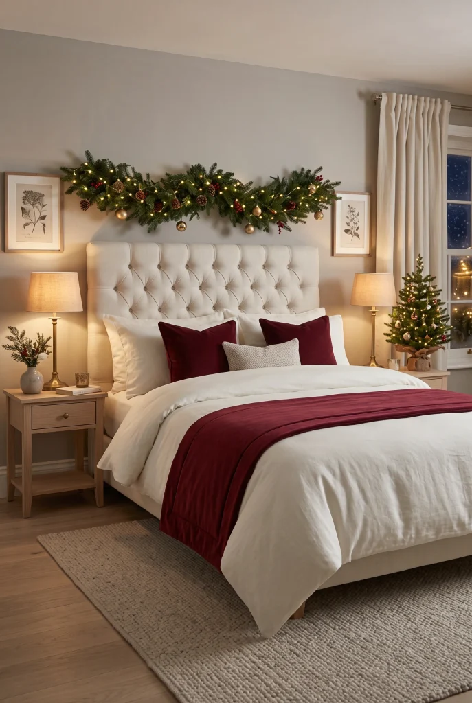 Cream Christmas bedroom with a burgundy bed runner and subtle holiday decorations