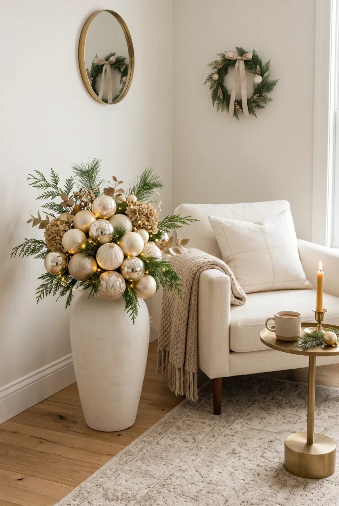 Oversized Christmas ornaments displayed with evergreen branches in a living room corner