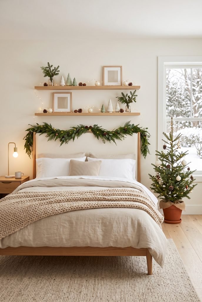 Floating bedroom shelves decorated with small Christmas trees and greenery