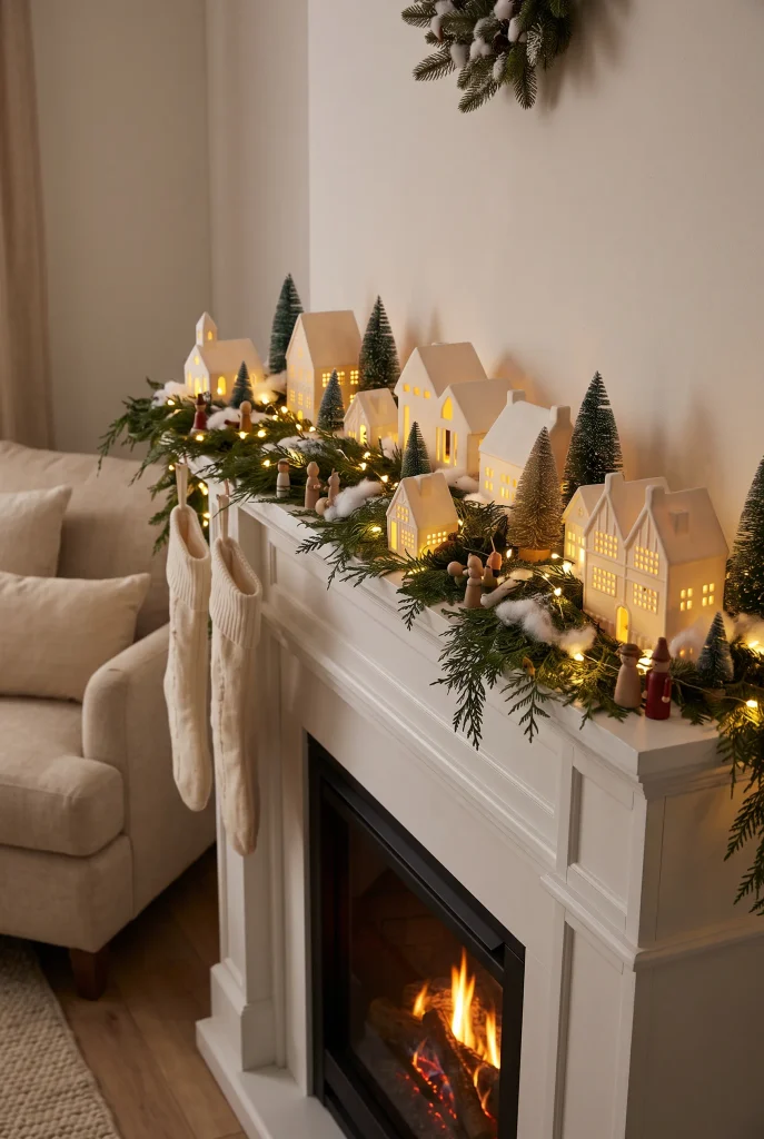 Christmas village mantel with miniature houses, evergreen garland, bottlebrush trees, and warm lights
