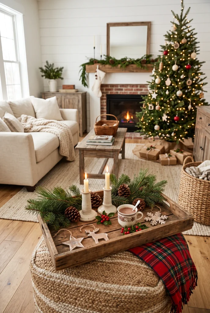 Rustic farmhouse Christmas tray decorated with greenery, pinecones, and candles