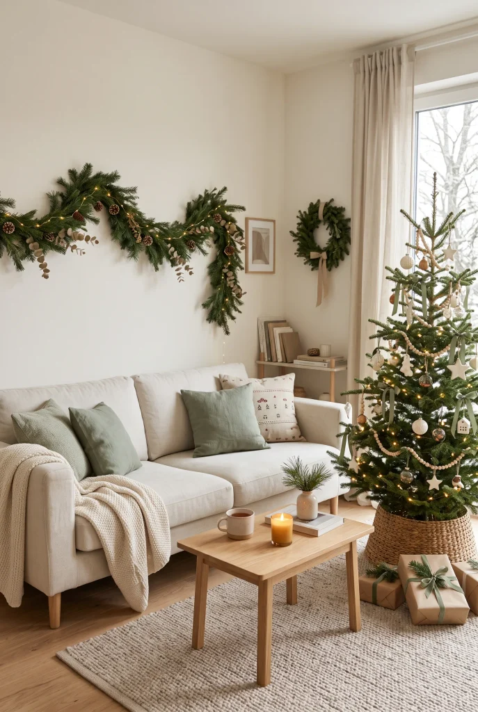Small living room with green and neutral Christmas decorations