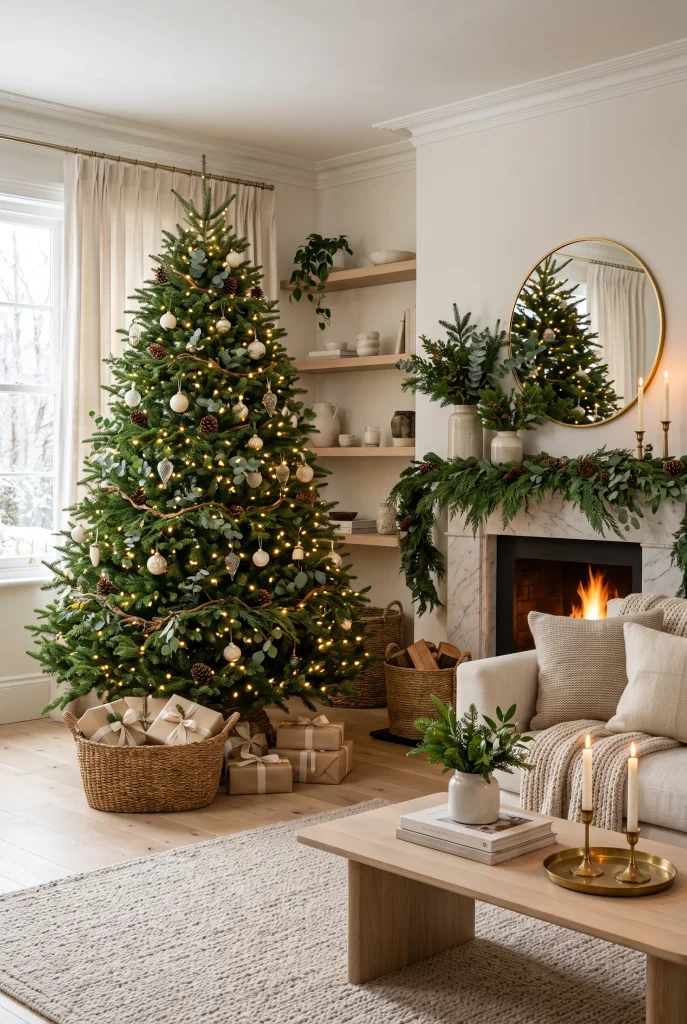 Luxury Christmas living room decorated with natural evergreen greenery and neutral accents