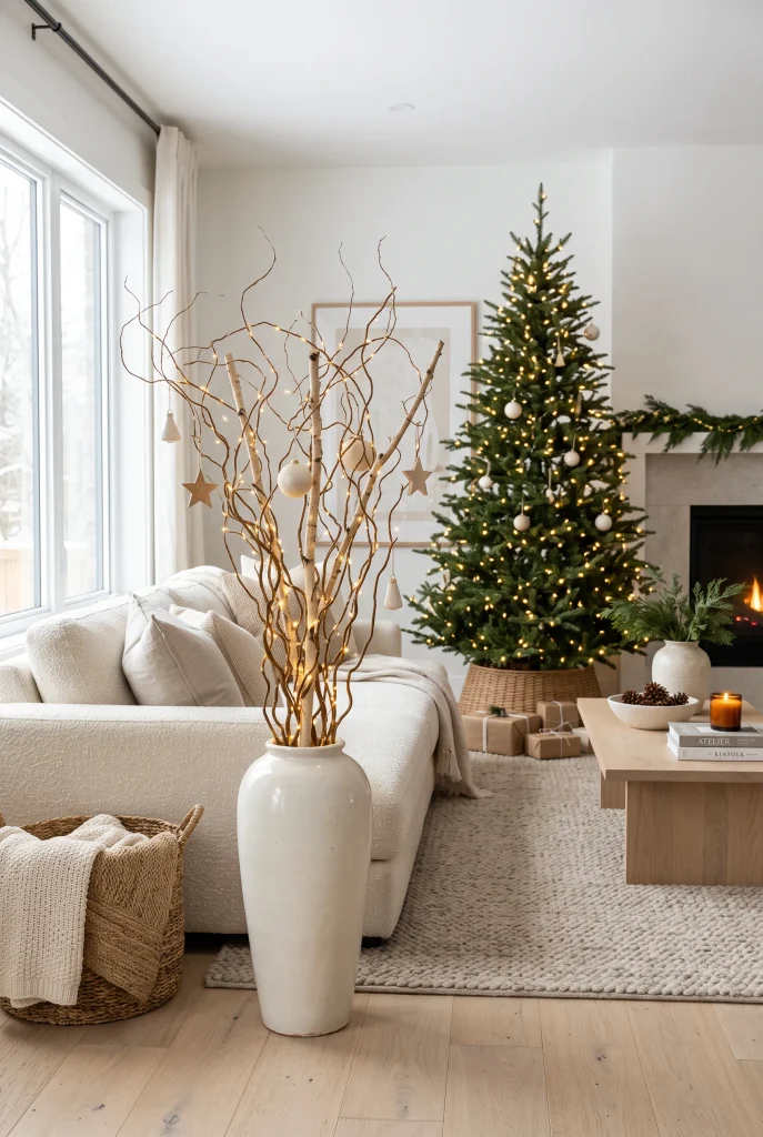 Modern Christmas living room with dried branches decorated with subtle lights